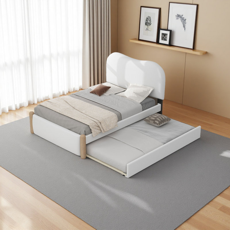 Lit plateforme tapissier avec pieds de support en bois et lit gigogne simple, Lit simple, Blanc