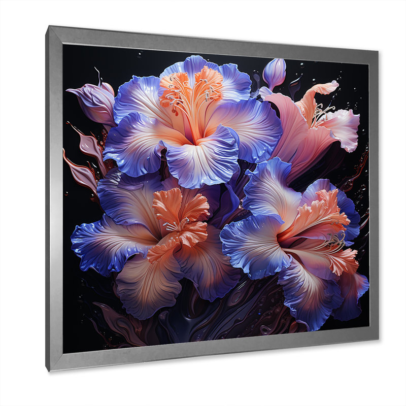 «Coral and Mauve Irises Nocturnal Whispers I», reproduction sur toile, H 30 po x l 30 po x P 1 po, Cadre simple argenté