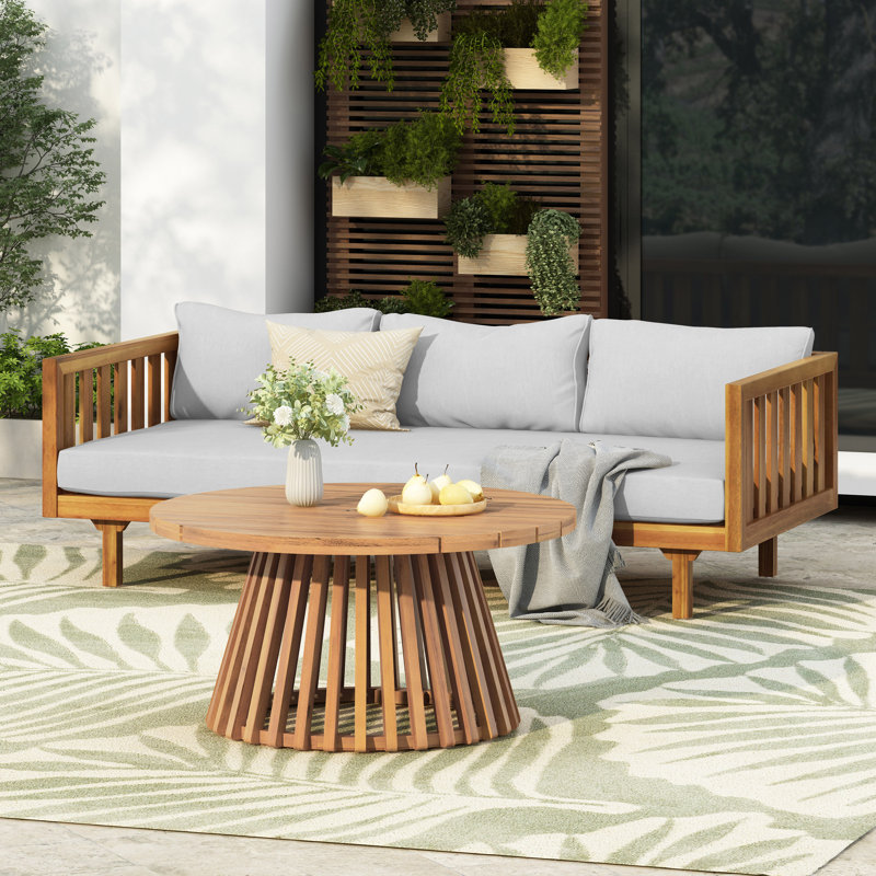  3-Seater Daybed & Acacia Wood Coffee Table Set, Water-Resistant Cushions, Light Gray, Natural, Light Gray