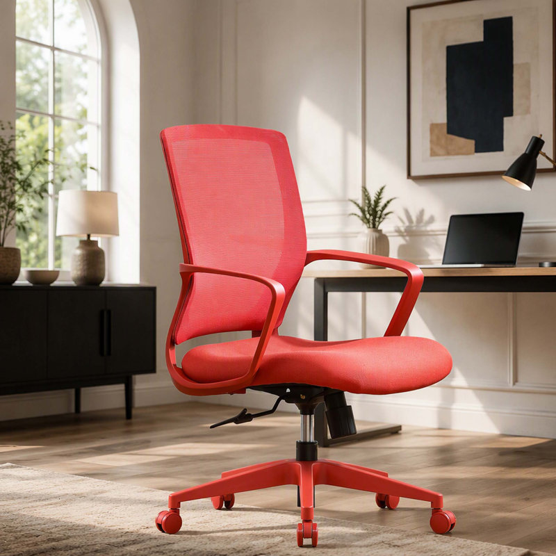 Chaise de bureau colorée 350LBS, bureau personnel, dossier en filet, assise confortable, accoudoir fixe, pivotant, chaise à hauteur réglable (rouge)