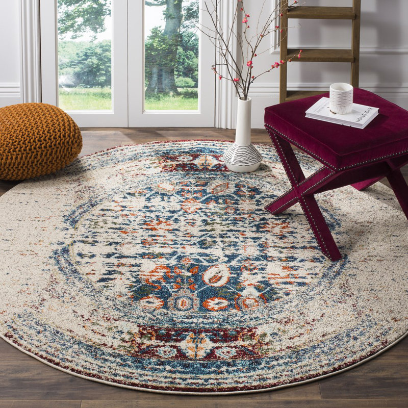 Hertzler Oriental Area Rug, Round 6'7", Ivory/Blue