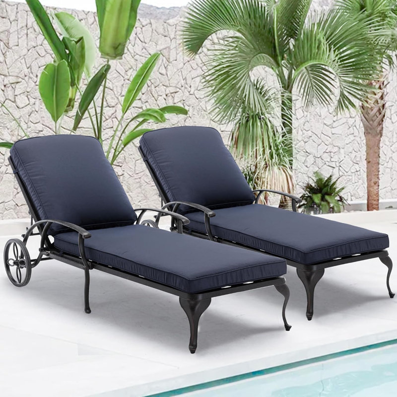 Outdoor lounge chair with cushions Cast aluminum waterproof lounge chair, Navy Blue, 2