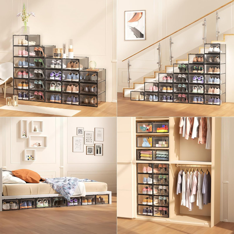 12 Pack Large Shoe Organizer Storage Boxes,Shoe Boxes Clear Stackable Display Case with Lids, Black