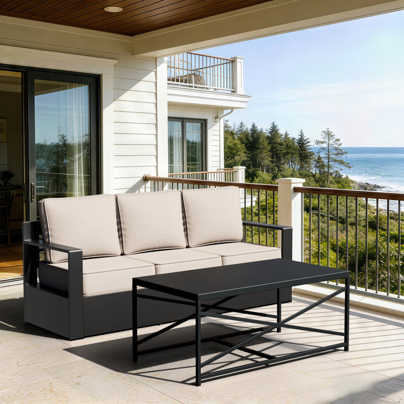 Ensemble de canapés d'extérieur modernes en aluminium pour 3 personnes Abdullah, 1 table basse et coussins beiges, Beige