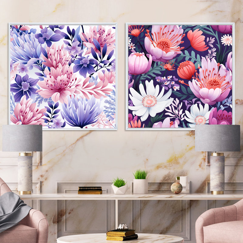 Ensemble de 2 collages carrés violets à motif floral violet, Cadre flottant blanc, H 30 po x l 61 po