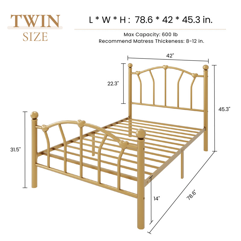 Structure de lit plateforme en métal avec tête et pied de lit, fleurons en forme de cœur et de boule, aucun sommier requis, rangement sous le lit de 12,6 po, assemblage facile