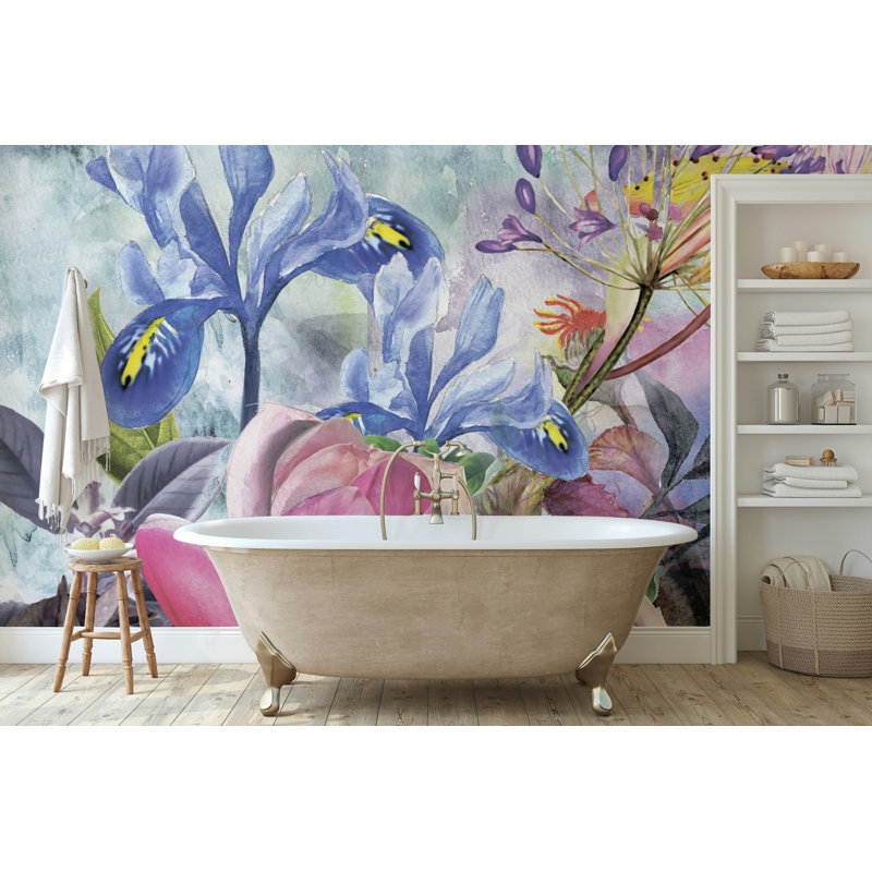 Papier peint aquarelle floral iris et magnolia rose, L 115 po x l 225 po
