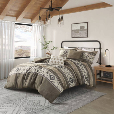 Ensemble de couette 5 pièces en polyester brodé et imprimé à rayures et chevrons brun, format King/Cal King