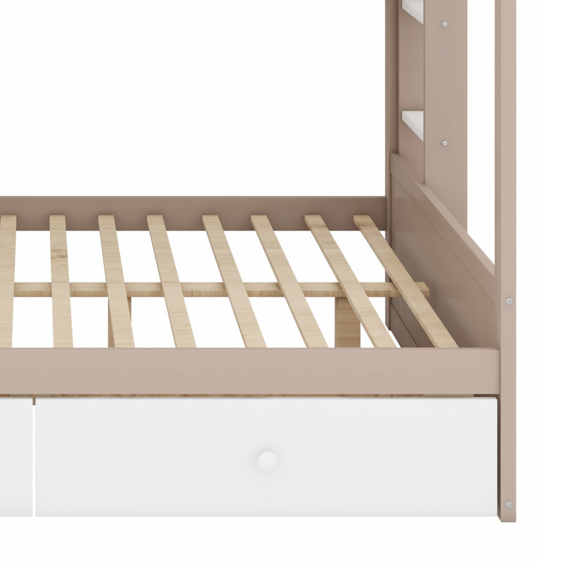 Lit superposé de style château pour enfants avec tablette intégrée, 2 tiroirs et éclairage DEL, Blanc, Lit double
