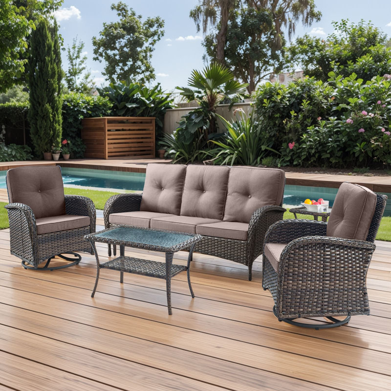 Valierius 5-Piece Outdoor Wicker Patio Furniture With 3 Seat Sofa & Swivel Chair, Coversation Set With Water Resistant Cushions