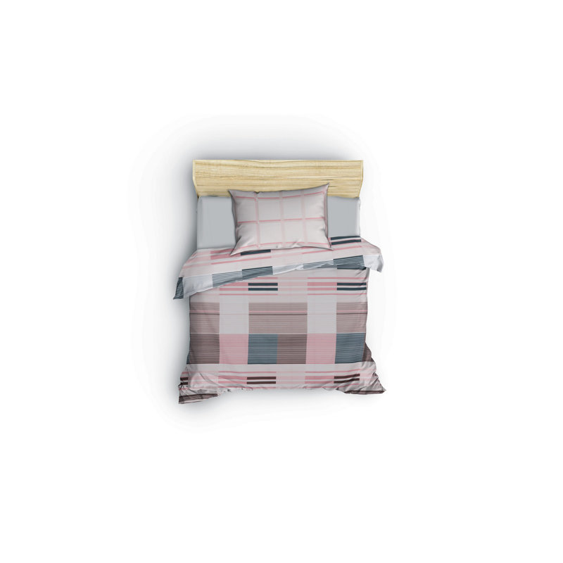 Ensemble de housse de couette 100% coton vert / gris / rose Kojo, Housse de couette pour lit simple + 1 taie d'oreil
