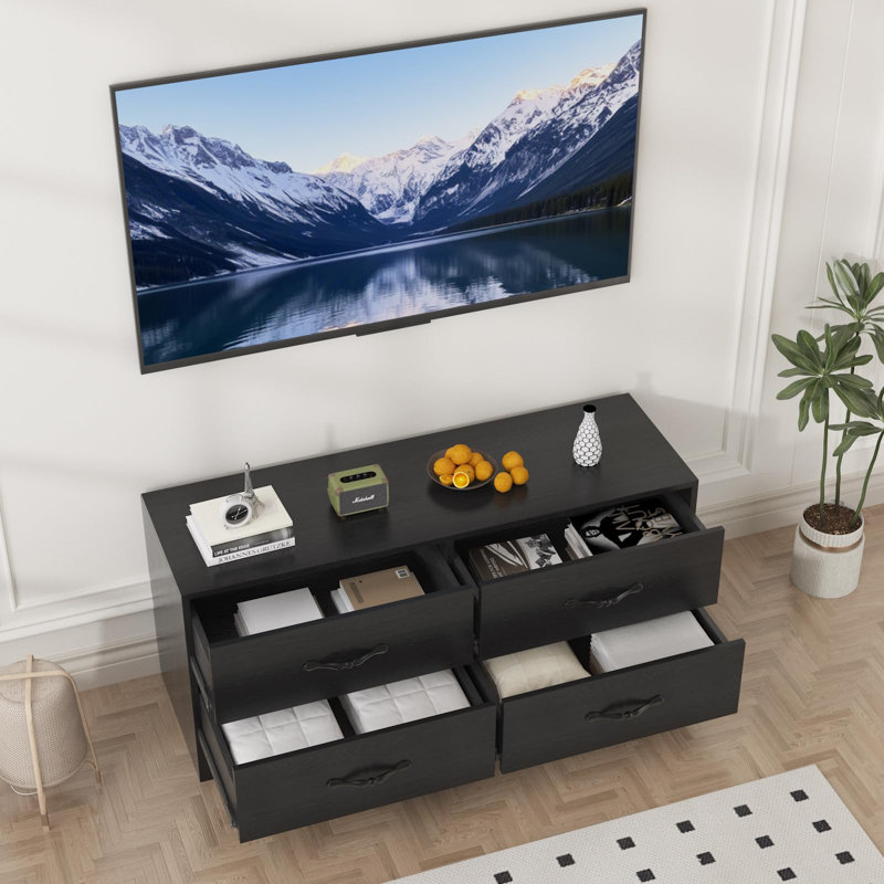 Meuble télé 43,7 po avec support pour téléviseur 32 à 75 po, console multimédia moderne avec 4 tiroirs et support télé réglable