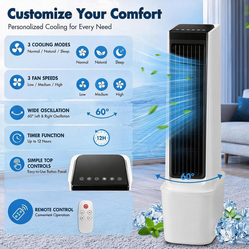 Portable Air Conditioner Fan, Evaporative Air Cooler with Remote Control, 3 Fan Speeds, 1600ml Water Tank, 2/4/8 Hour Timer, Adjustable Airflow, for Bedroom Office Desk
