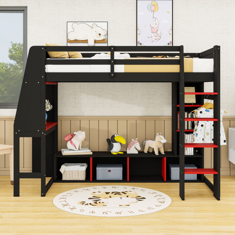 Lit mezzanine avec bureau, tablettes, DEL et support à vêtements suspendu