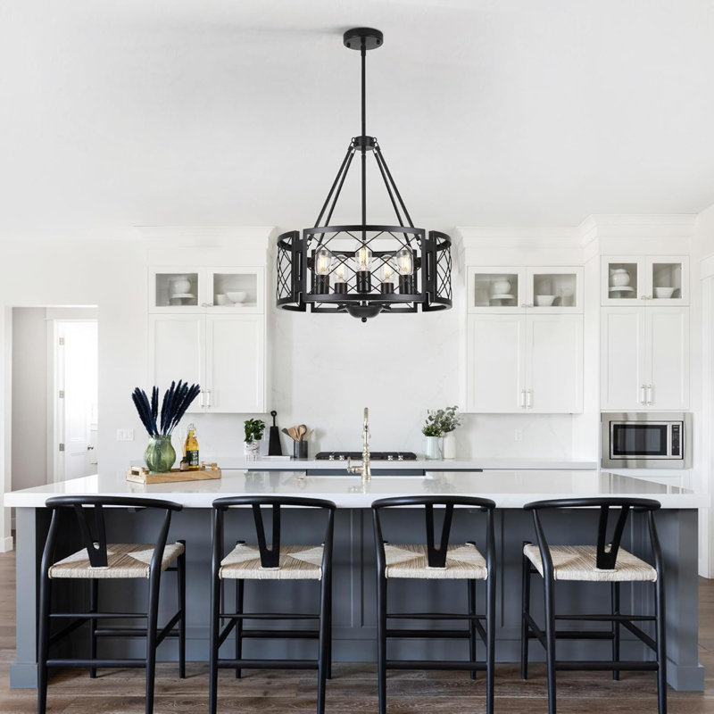 Lustre de style campagnard avec hauteur réglable, luminaire suspendu tambour 5 lumières pour la salle à manger, îlot de cuisine, entrée, couloir de chambre à coucher, finition noire rustique, homologué UL