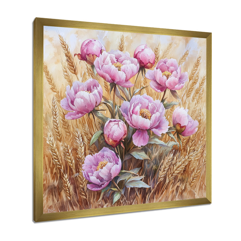 Pivoines dans le champ de blé II - pivoines, art mural, Reproduction encadrée d'une seule photo, H 16 po x l 16 po, Doré