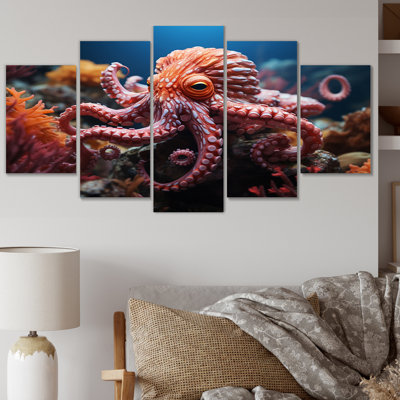 Coral Octopus Serene Submersion I - Animals Canvas Print - 5 Panels