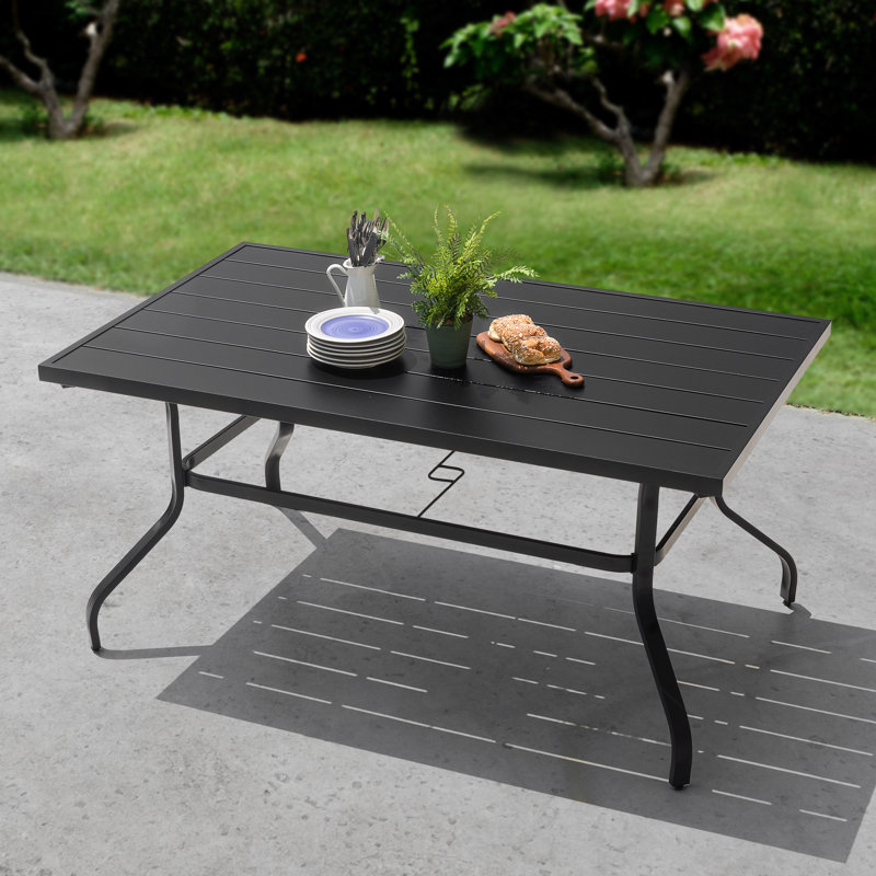 Outdoor Rectangle Powder-coated Iron 6-Person 60.6" Dining Table with 1.57'' Umbrella Hole, Iron Slatted Tabletop and Powder-coated Iron Frame, for Patio