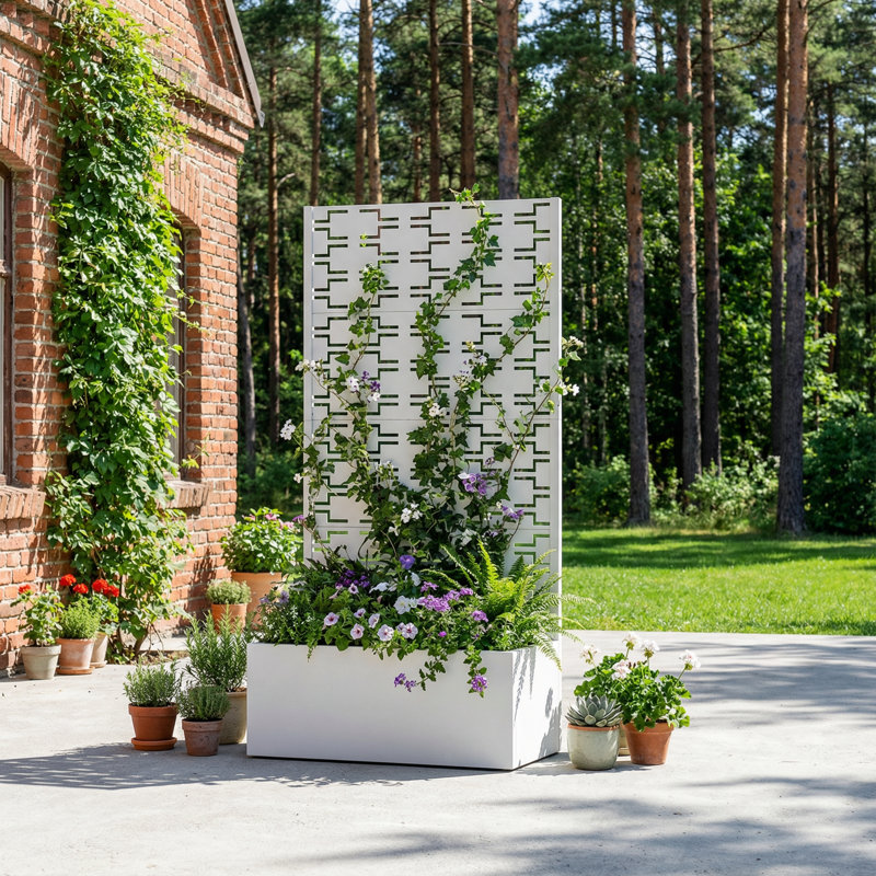 Metal Planter Box with Trellis without Wheels, White