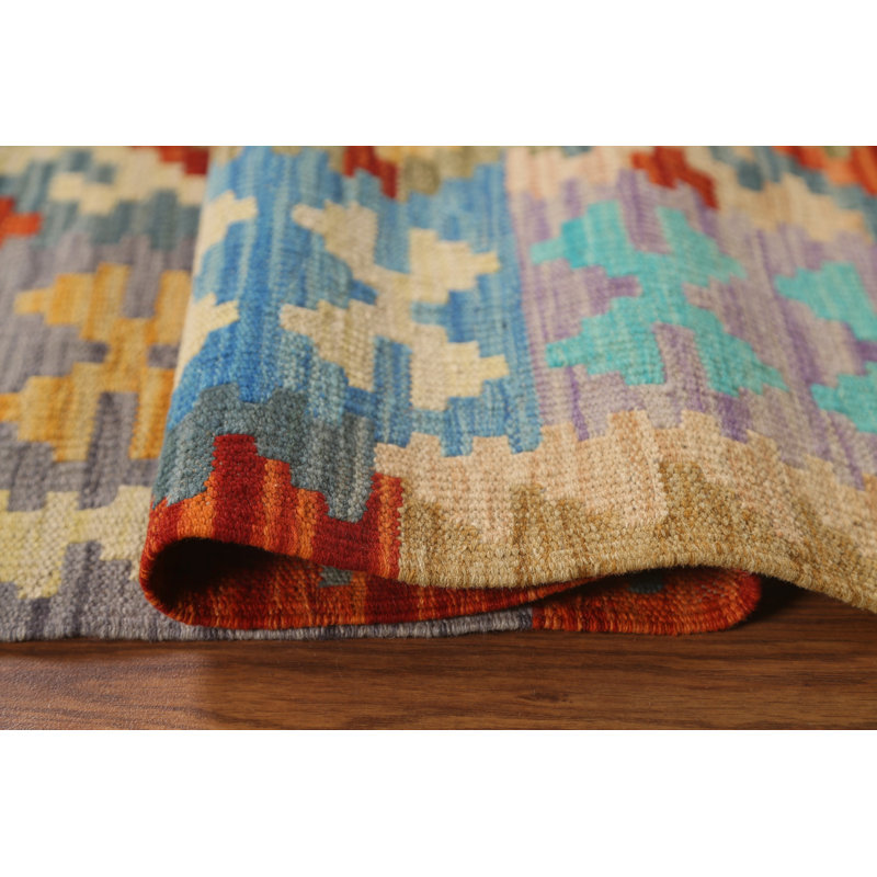 Geometric Handmade Flatweave Rectangle 5'1" x 6'6" Wool Area Rug in Oranges/Rust
