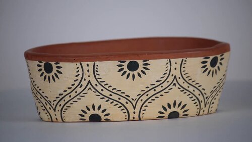 Foreside Home & Garden Natural Handthrown Oval Terracotta Planter with Handpainted Block Pattern