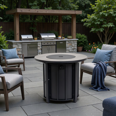 30" Propane Gas Fire Pit Table, 50000 BTU Round Steel Fire Pit with Wood Grain Ceramic Tabletop for Outside Patio Deck Garden Backyard