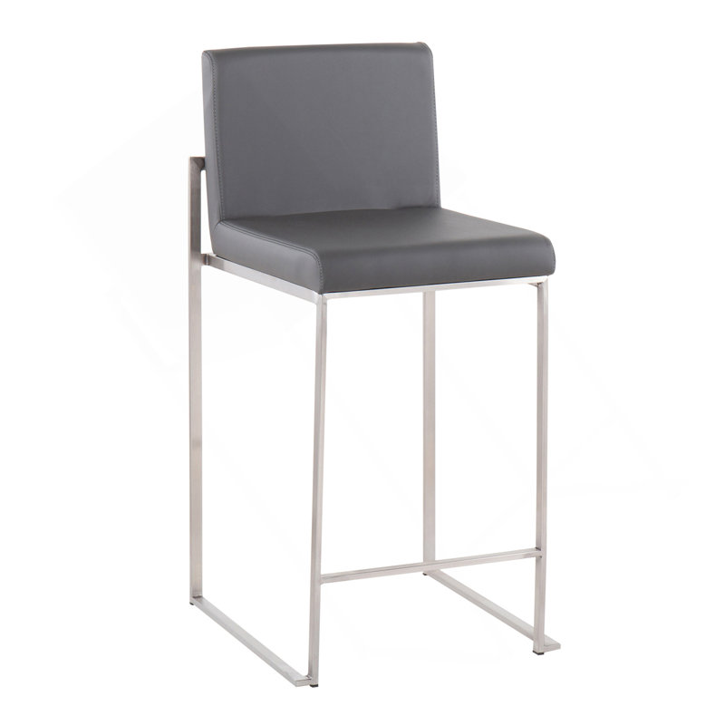 Tabouret de comptoir à dossier haut en acier inoxydable et gris Fuji, Chrome chrome, Gris