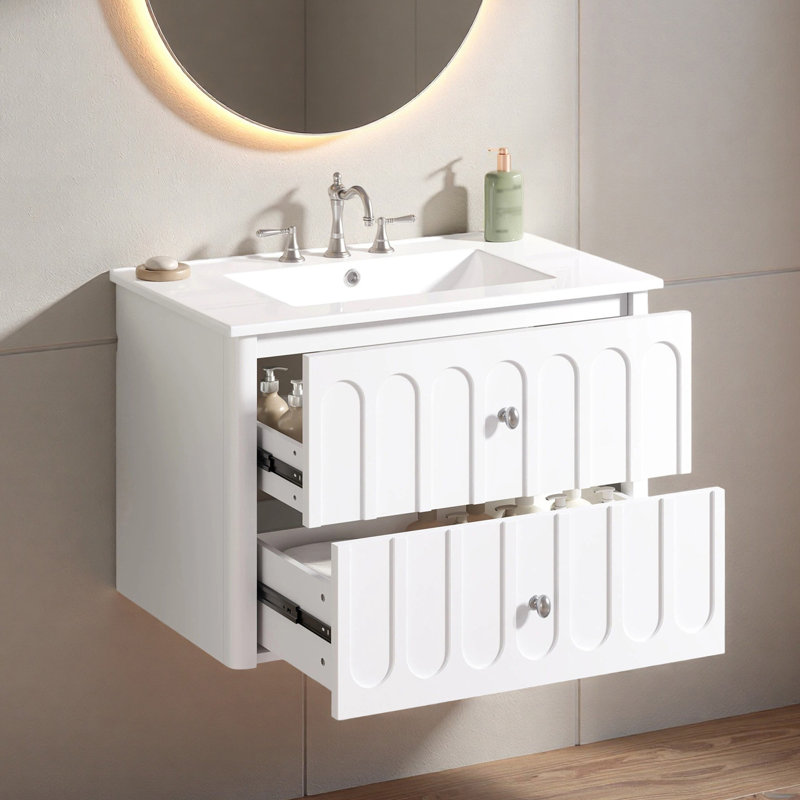 Meuble-lavabo mural simple flottant 30 po avec plateau en céramique et 2 tiroirs, Blanc