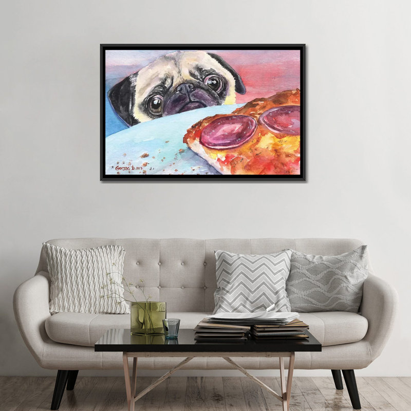 Carlin et pizza I, impression sur toile, H 18 po x l 26 po x P 1,5 po, Toile avec cadre noir, Pas de tapis