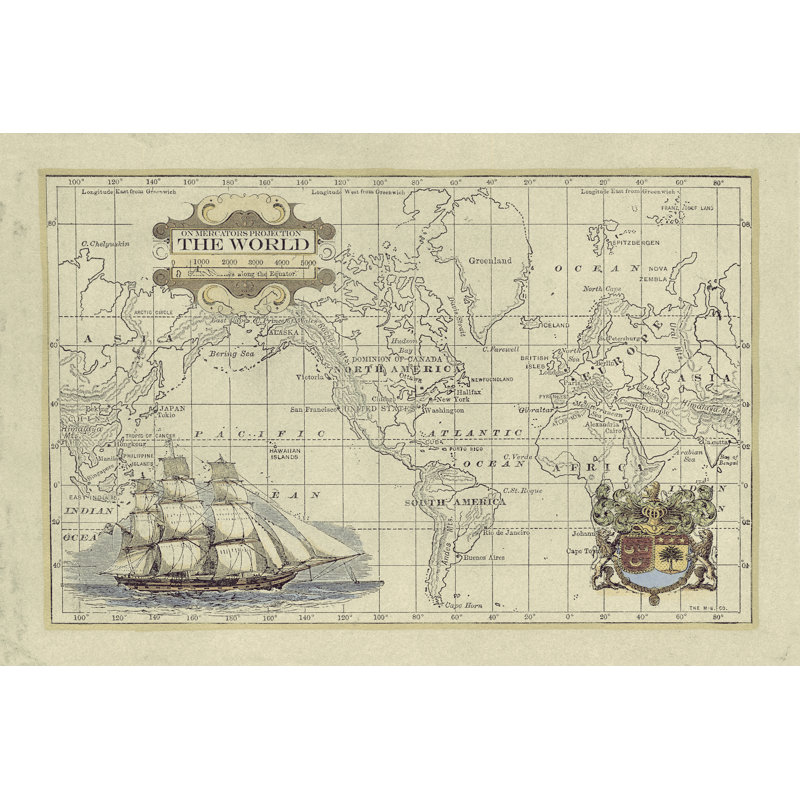 Carte antique du monde, H 20 po x l 30 po x P 1,25 po