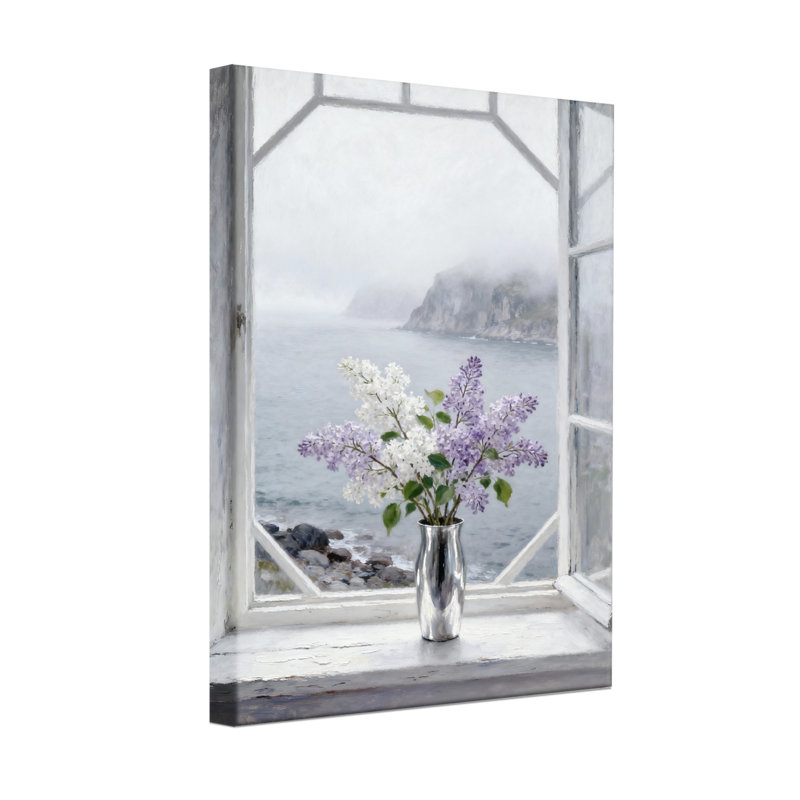 Vue de la fenêtre de plantes et de fleurs avec fleurs et mer, H 30 po x l 20 po