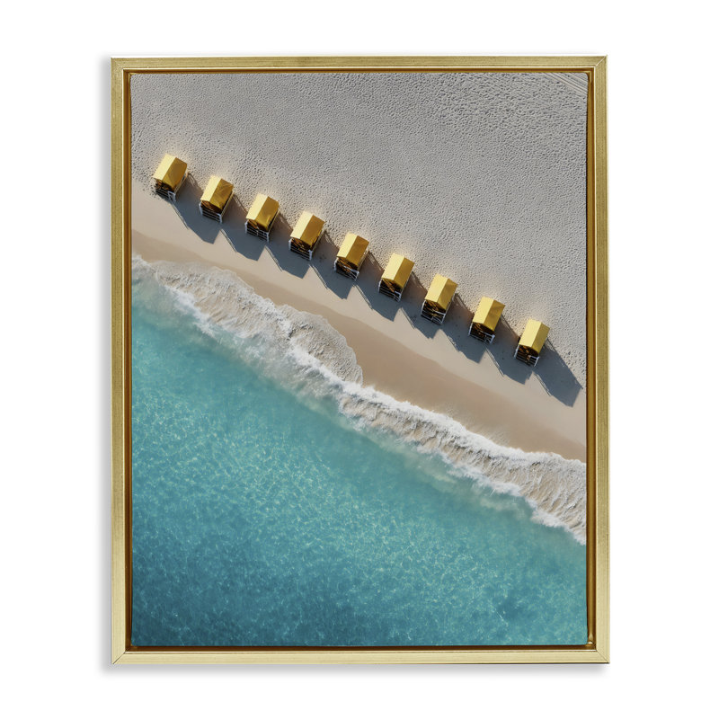 Yellow Cabanas Along Shore Floating Frame, design by Franklyn Gregory, 21 x 17, Metallic Gold Floater Framed