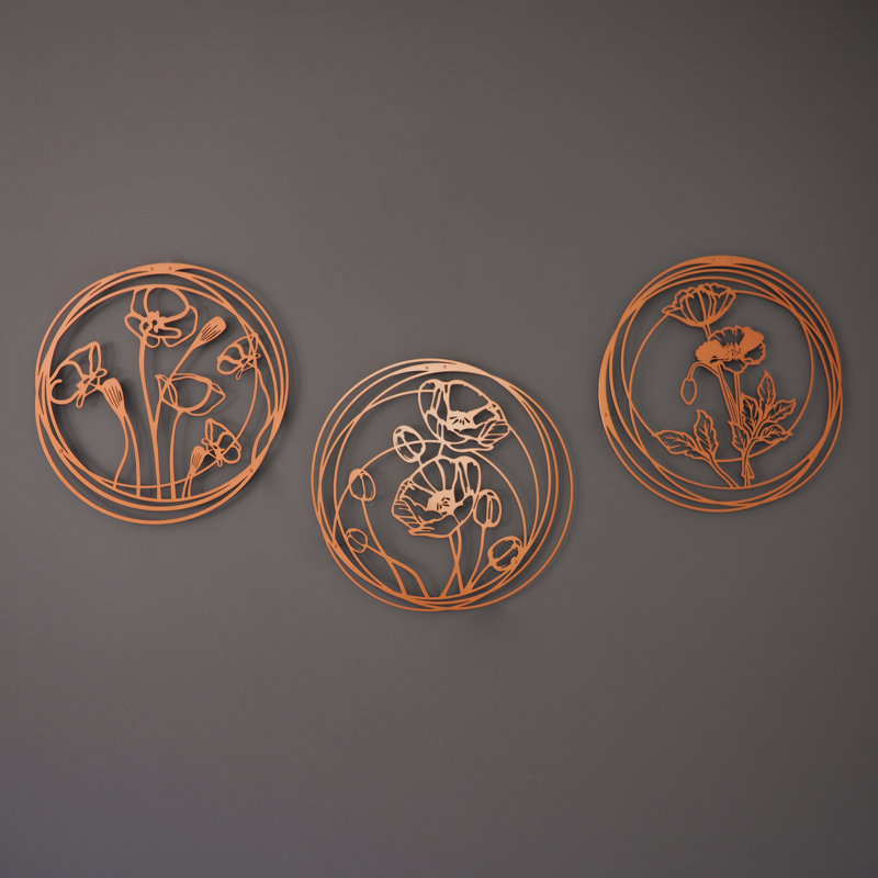 Poppy Flowers Metal Wall Art Set - 3 Piece, Copper