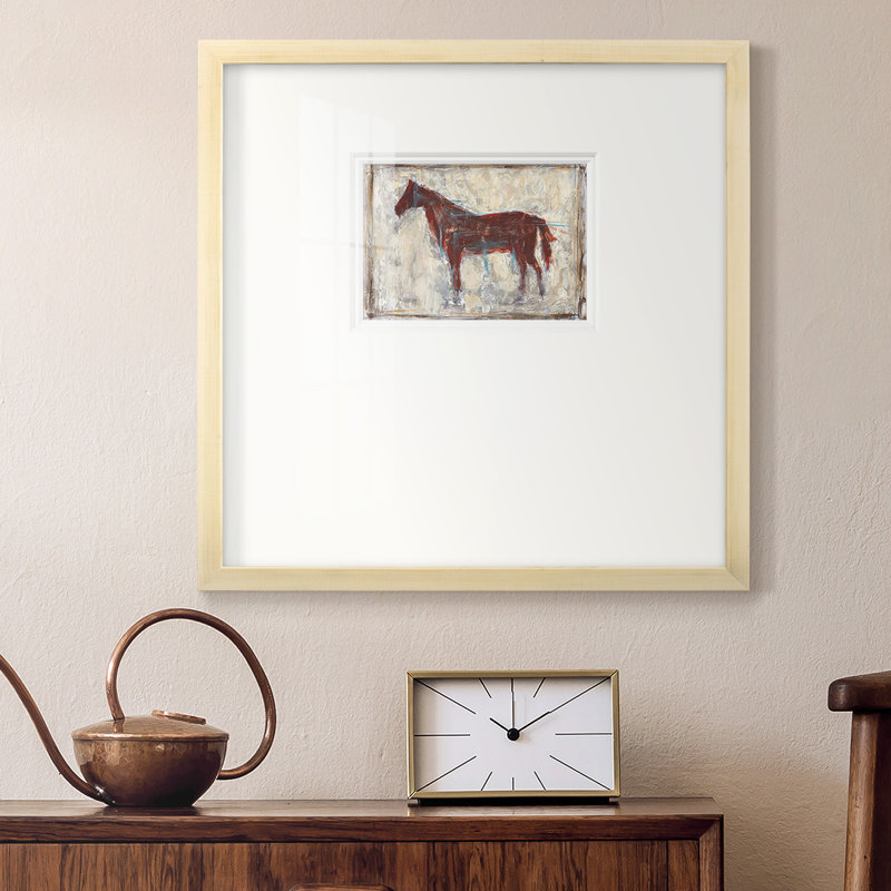 " Iron Equine I ", 17" H x 17" W x 1.125" D, Brown Framed Paper, White