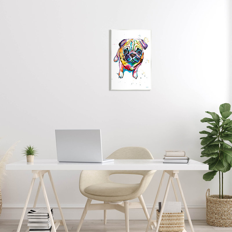 Chiot carlin amusant et giclé par Jen Seeley, H 19 po x l 13 po x P 0,5 po, Bois