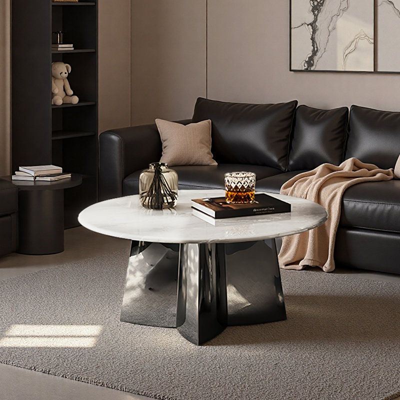 Italian minimalist round marble coffee table, 15.9" H x 31.5" L x 31.5" W