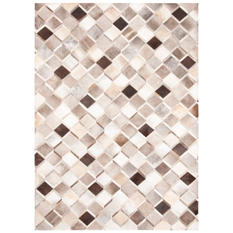 Sebring Hand Woven Leather/Felted Cloth Geometric Rug in Ivory/Gray, Rectangle 4' x 6'