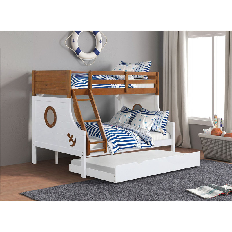 Lit superposé simple au-dessus d'un lit double de style moderne moderne avec rails en échelle attachés et structure de joint verrouillable pour lit supérieur au fini chêne sécuritaire Lit inférieur au fini blanc
