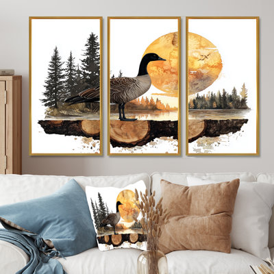 «Goose In Sunrise Forest Lake Landscape», ensemble d'art mural 3 pièces