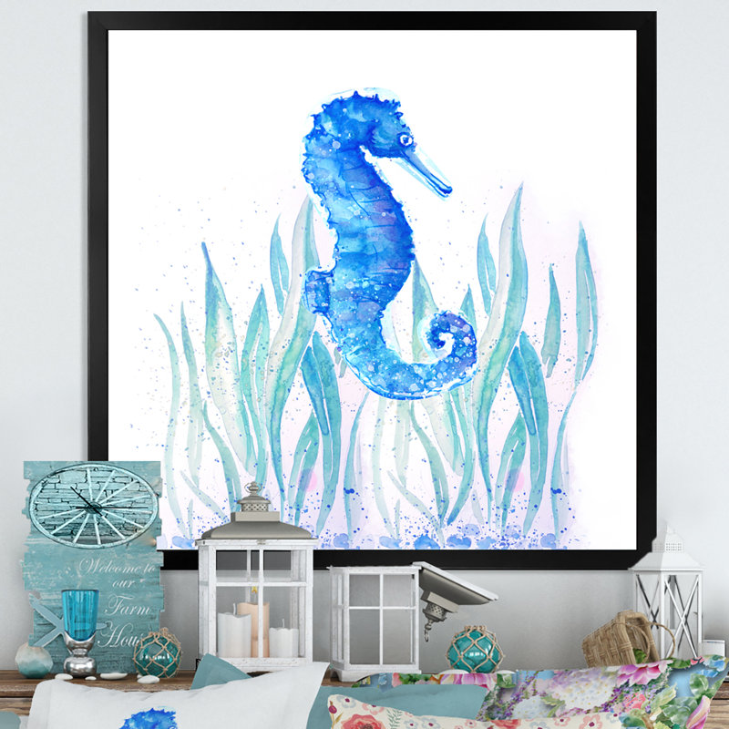 Hippocampe bleu - art mural sur toile traditionnel, H 16 po x l 16 po x P 1 po, Cadre noir