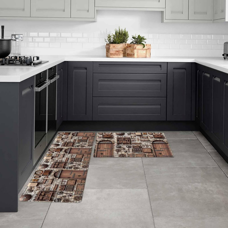 Ensemble de 2 tapis de cuisine en pierre rustique, décor maison de campagne rétro pour cuisine et garde-manger, beige brun