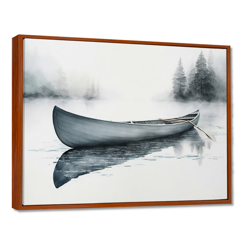 Canot sur le lac II - Bateau côtier, art mural, H 12 po x l 20 po x P 1 po, Cadre flottant brun