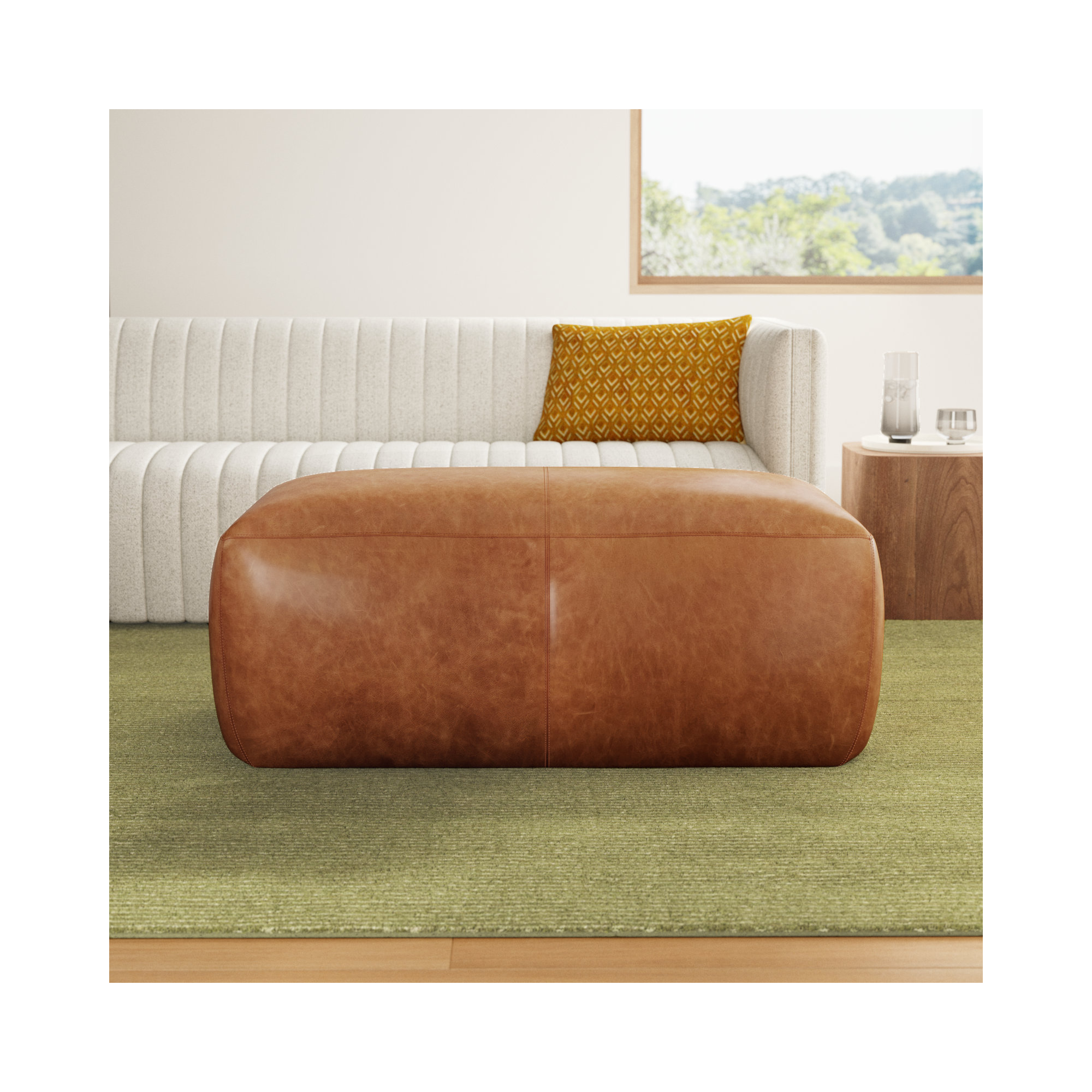 Denver Full-Grain Genuine Italian Leather Ottoman, Cognac Tan