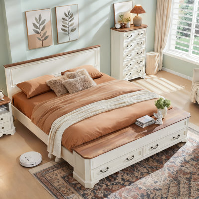 Farmhouse King Size Bed Frame with Footboard Storage Bench & 2 Safe Lift-Top Compartments