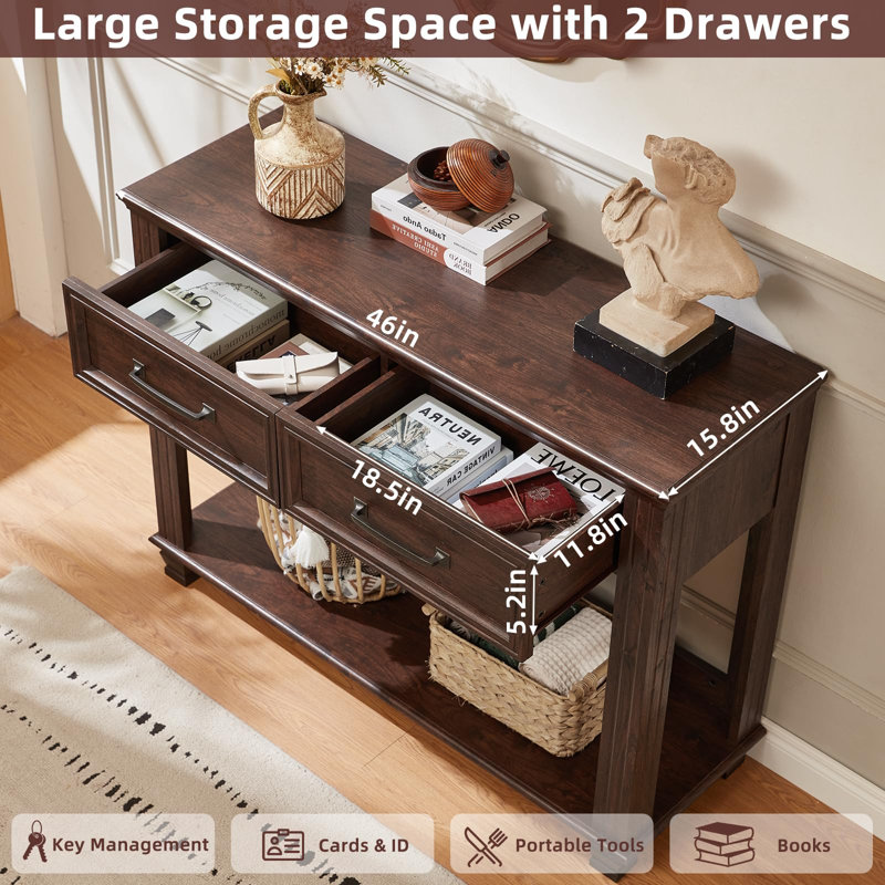 Farmhouse 46" Console Table with 2 Drawers, Rustic Wood 2 Tier Entryway Table with Open Storage Shelf for Entry, Large Mid-Century Vintage Sofa Tables Behind Couch for Living Room (Walnut)