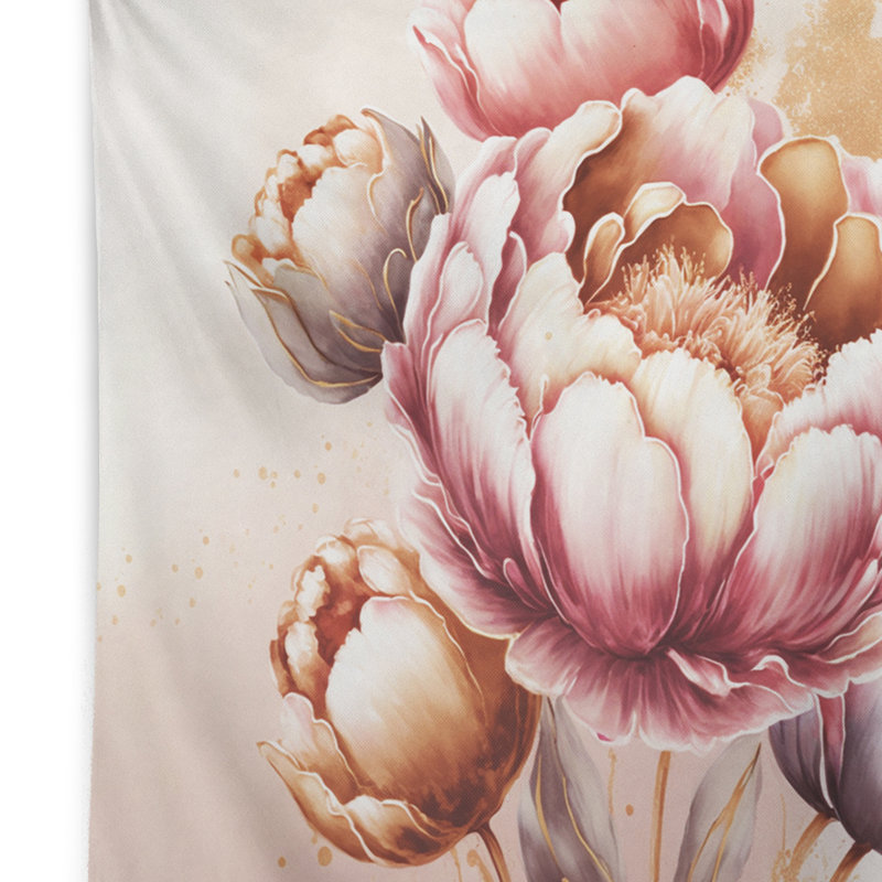 Tapisserie en polyester rose et tulipes dorées avec punaises, H 32 po x l 39 po