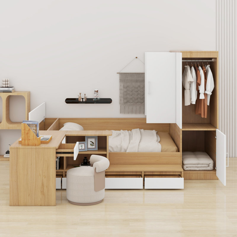 Lit plateforme avec tiroirs, tablettes, bureau et garde-robe, Naturel