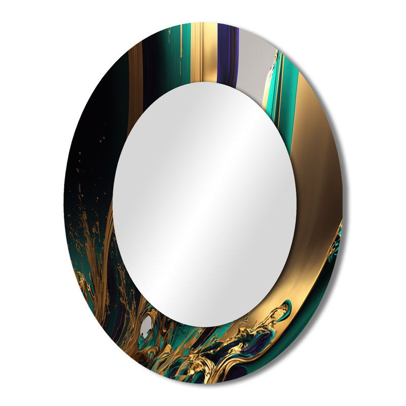 Agate verte et dorée III - Miroir décoratif abstrait ovale sur métal, 43 po x 33 po