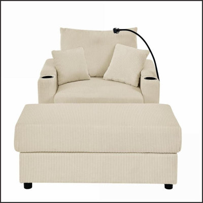 Canapé moderne en velours côtelé beige avec repose-pieds Rangement - siège profond de 22,5 po, porte-gobelets / téléphone pour le salon | Beige | Velours côtelé | Bois