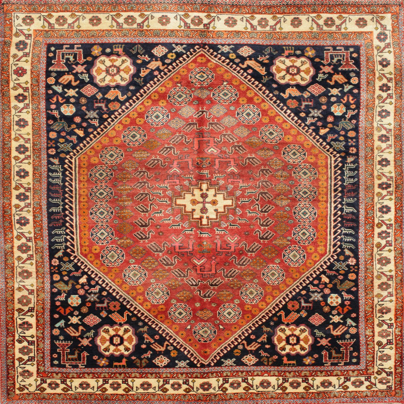 Tapis traditionnel rouge / noir, Carré 5 pi